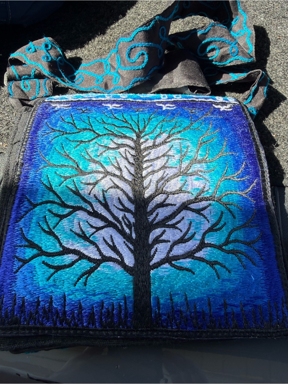 Embroidered Tree Crossbody Bag in Blue and Teal